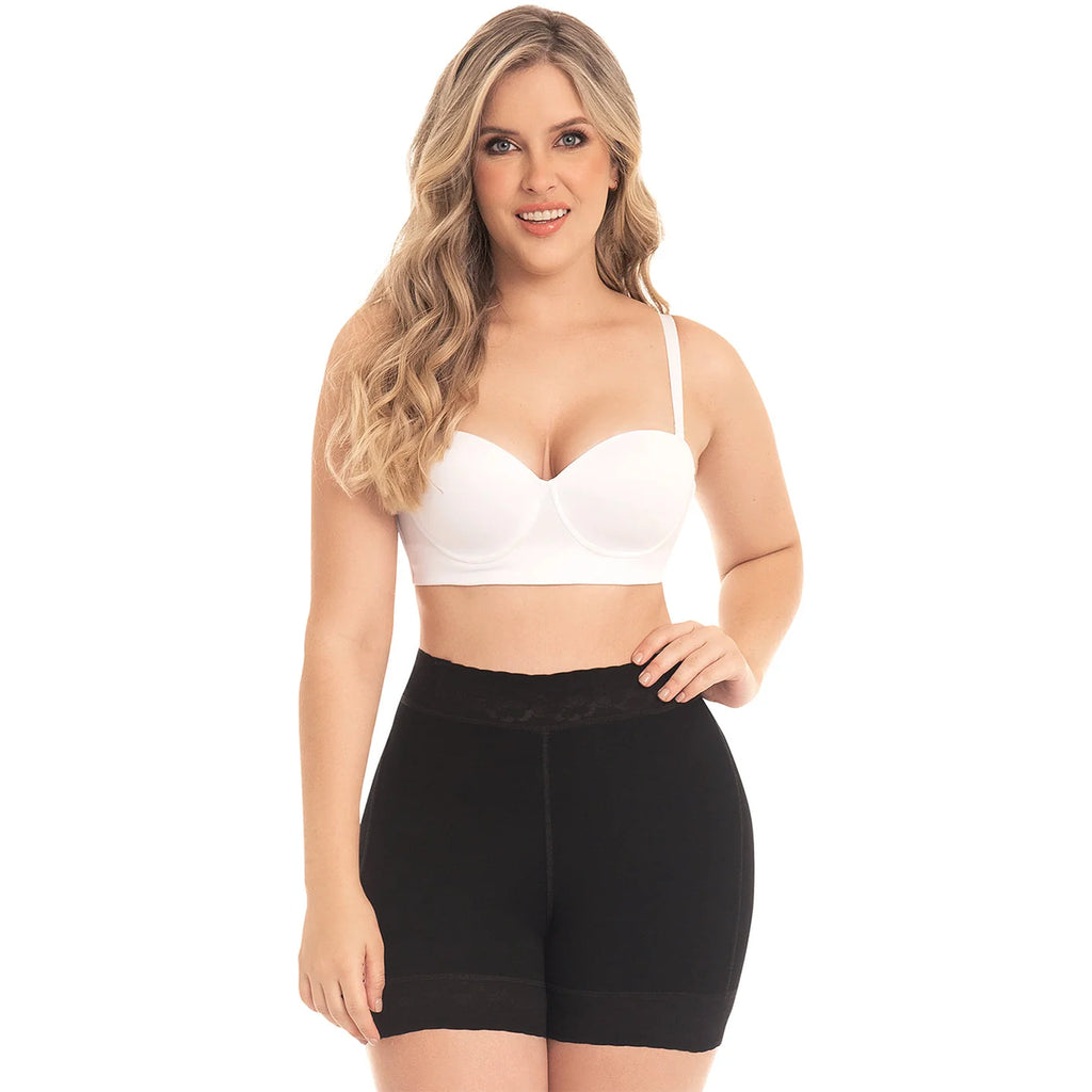 Fajas MyD MYD0322 black high-waist compression shorts with lace waistband, Colombian shapewear body shaper front view