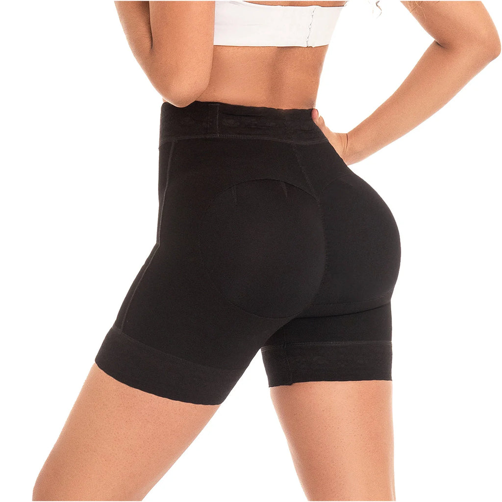 Fajas MyD MYD0322 black butt-lifting compression shorts back view, Colombian shapewear post-surgery faja for women