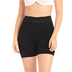 Fajas MyD MYD0322 black bike short style Colombian shapewear with lace waistband, post-surgery compression garment front view