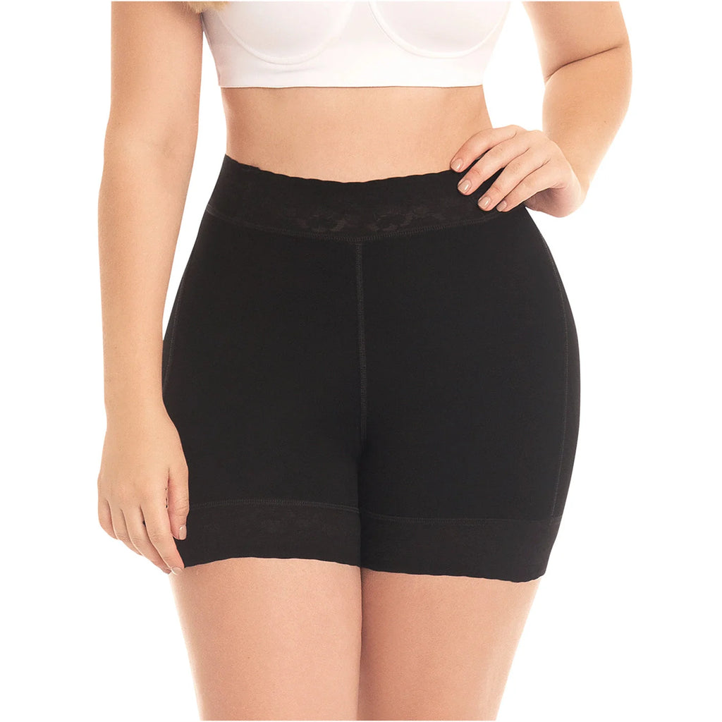 Fajas MyD MYD0322 black seamless bike shorts Colombian shapewear compression garment for post-surgery recovery front view