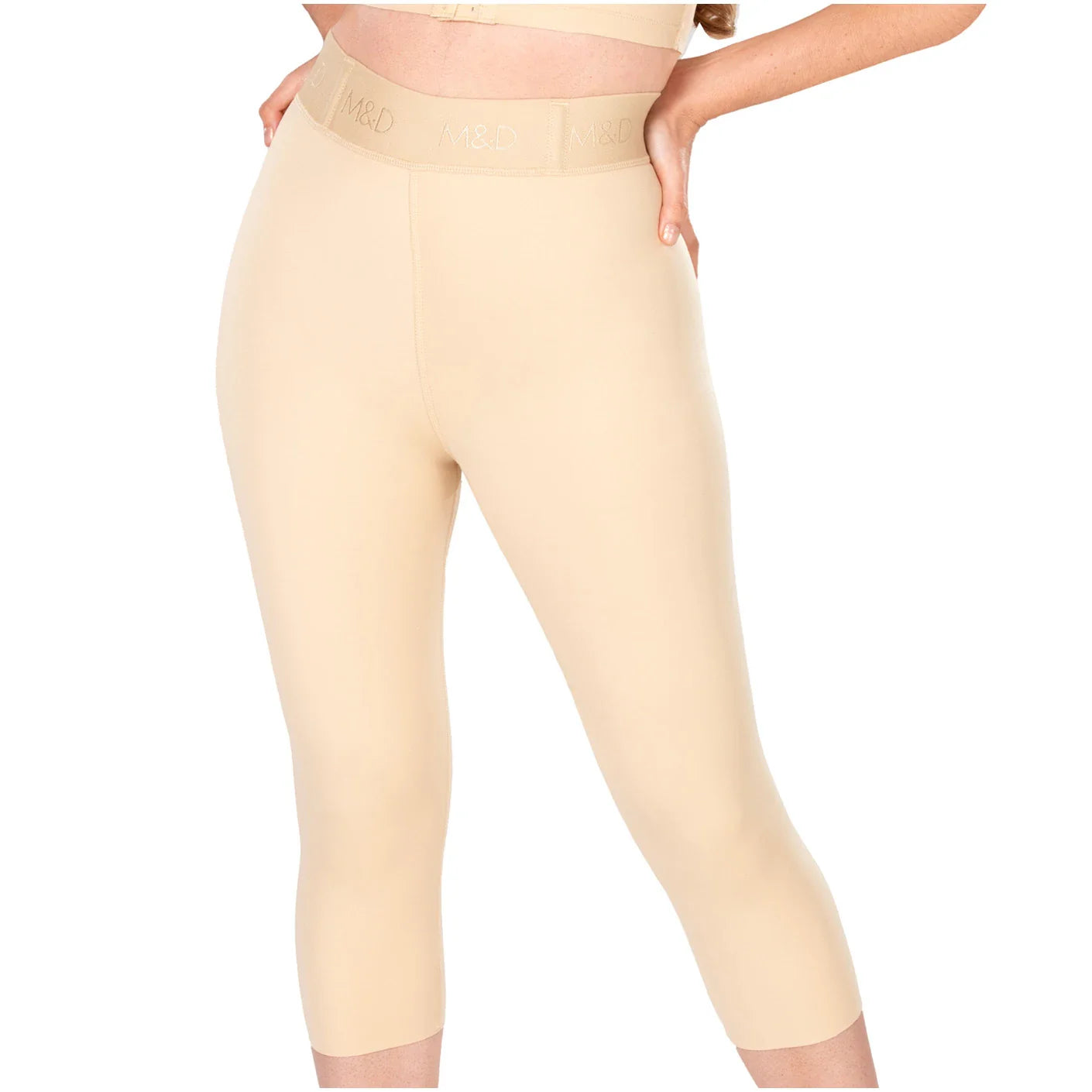 Fajas MyD 08315 beige capri compression leggings with branded waistband, Colombian post-surgery faja back view