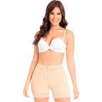 Fajas MyD MYD3722 beige post-surgery faja colombiana with lace trim and front zipper, Colombian shapewear shorts front view