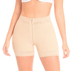 Fajas MyD MYD3722 nude high-waist compression shorts with lace trim, Colombian post-surgery faja back view