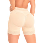 Fajas MyD MYD3722 beige butt-lifting compression shorts back view, Colombian shapewear post-surgery faja with lace trim