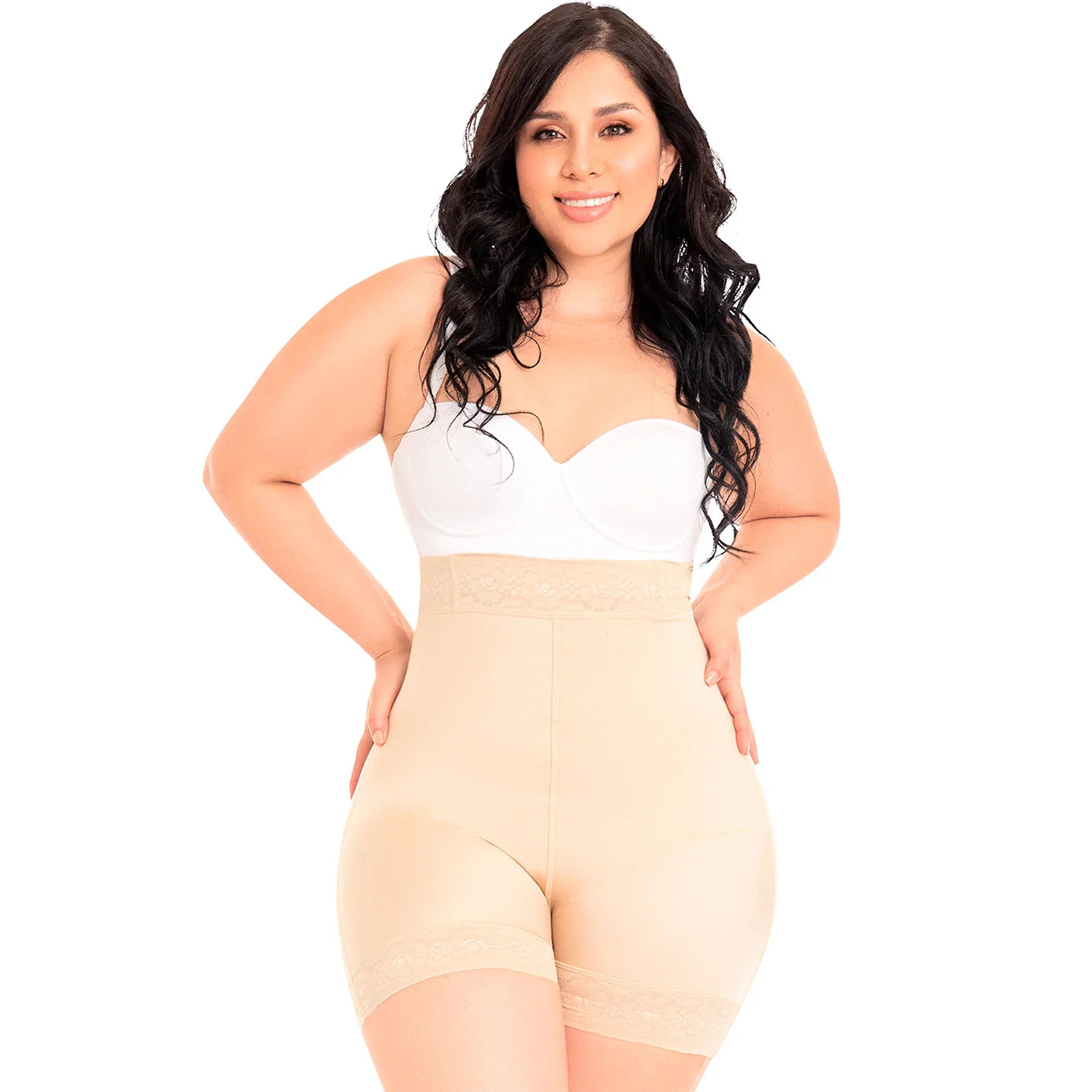 Fajas MyD MYD0216 beige high-waist compression shorts with lace waistband, Colombian post-surgery faja front view