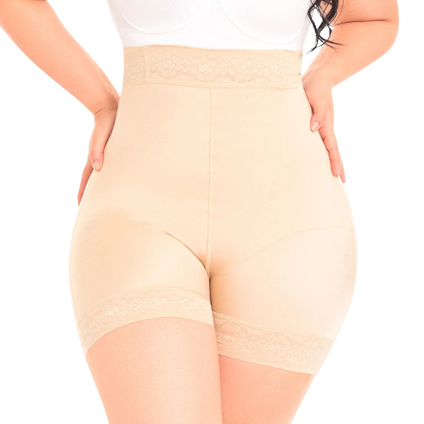 Fajas MyD MYD0216 beige high-waist shorts with lace trim, Colombian post-surgery faja compression garment back view