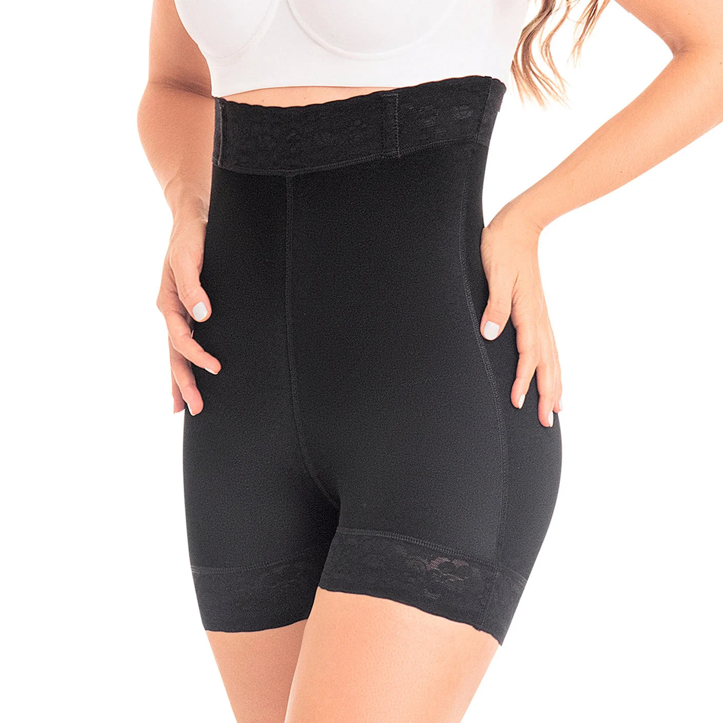 Fajas MyD MYD0216 black high-waist compression shorts, Colombian post-surgery faja with lace trim front view