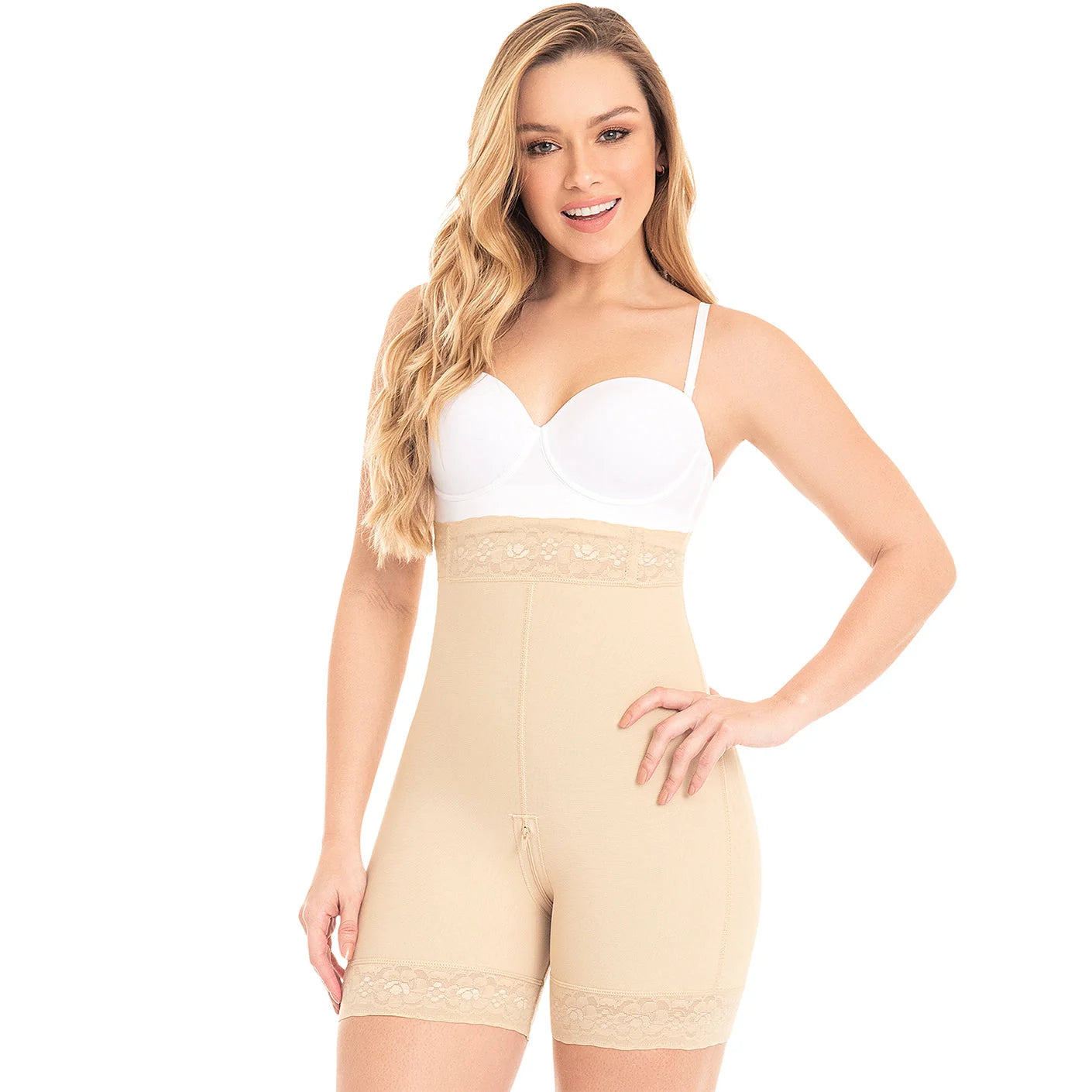 Fajas MyD MYD0327 beige high-waist shorts faja colombiana with lace trim, post-surgery Colombian shapewear front view