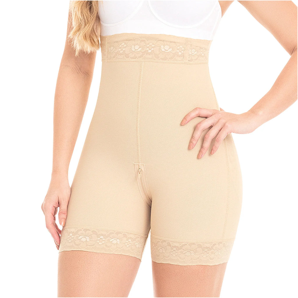 Fajas MyD MYD0327 beige high-waist compression shorts with lace trim, Colombian post-surgery faja front view