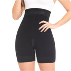 Fajas MyD MYD0327 black high-waist biker shorts with lace waistband and zipper, post-surgery Colombian shapewear front view
