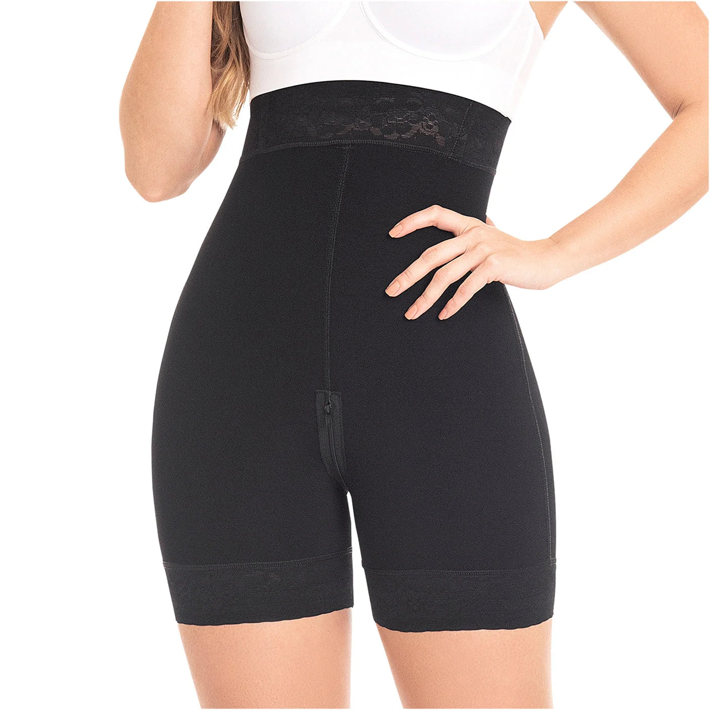 Fajas MyD MYD0327 black high-waist biker shorts with lace waistband and zipper, post-surgery Colombian shapewear front view