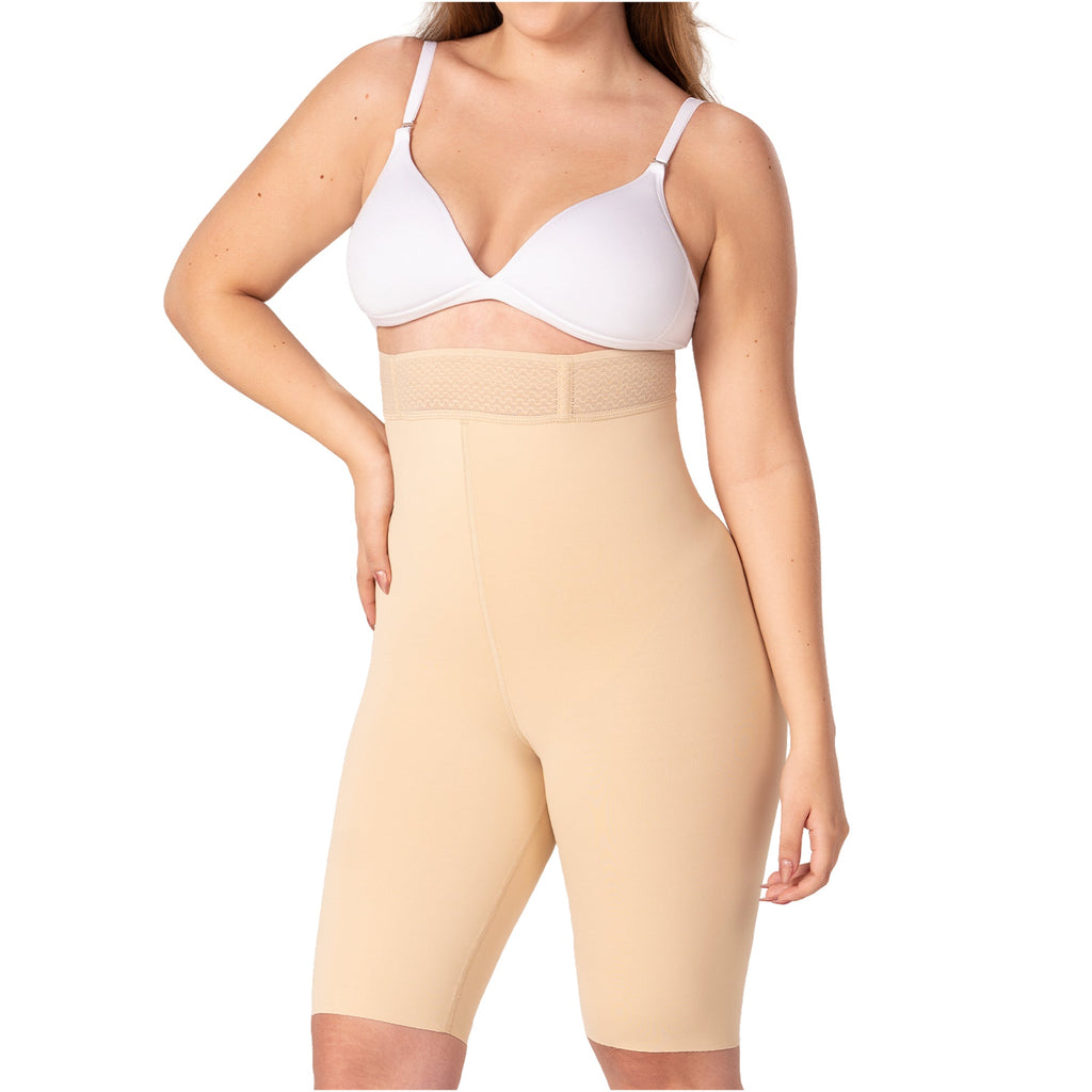Fajas MyD SXA0 nude high-waist shaper shorts with lace waistband, Colombian shapewear body shaper for women front view