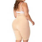 Fajas MyD SXA0 beige high-waist shaper shorts back view, Colombian shapewear with lace waistband for plus size women