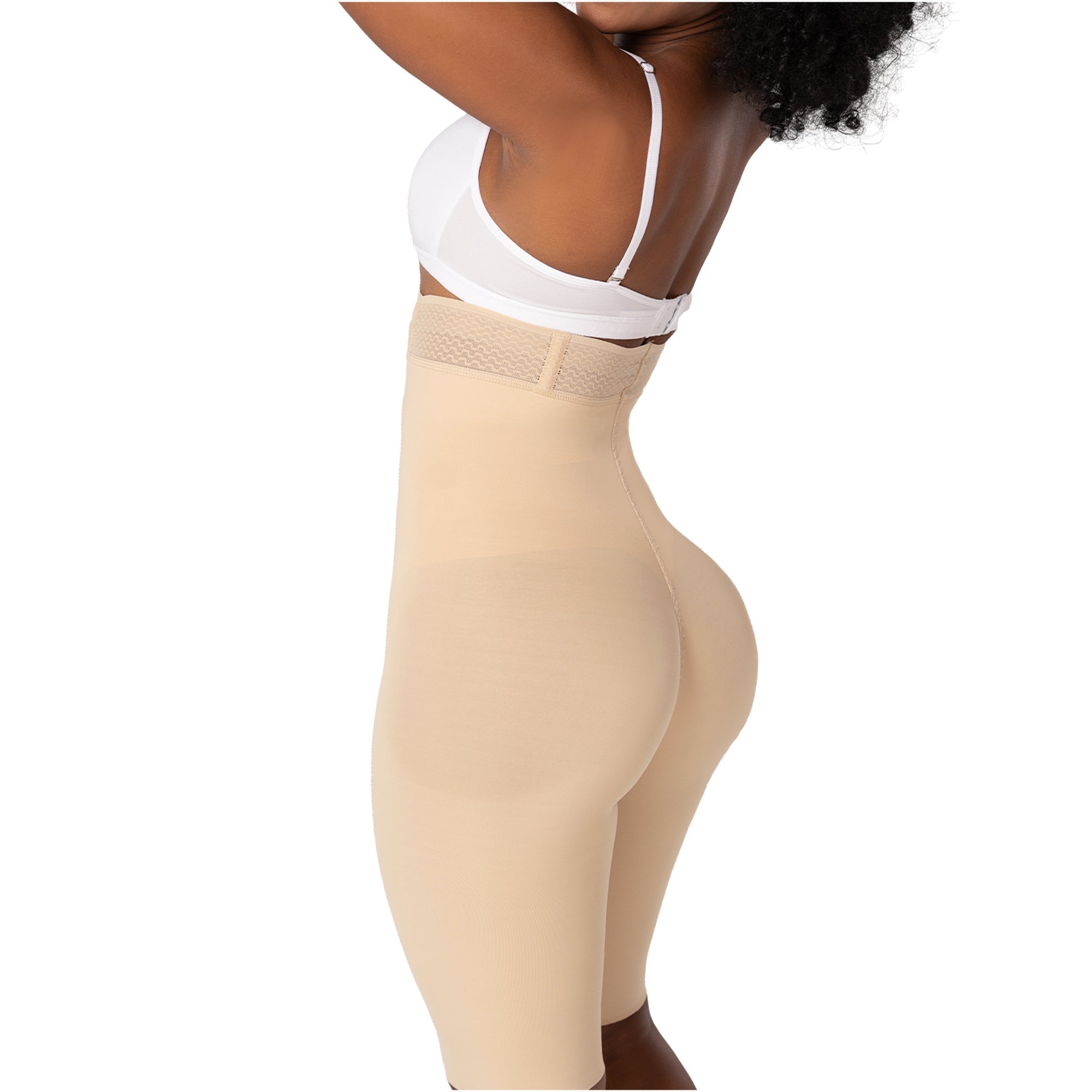 Fajas MyD SXA0 beige high-waist shaper shorts with butt-lifting cut, Colombian shapewear body shaper side view
