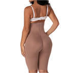 Fajas MyD SXA0 mocha high-waist shaper shorts back view, Colombian shapewear with lace waistband for daily body shaper use