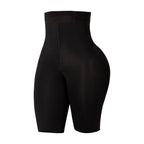 Fajas MyD SXA0 black high-waist shaper shorts back view, Colombian shapewear with firm compression for daily body shaping