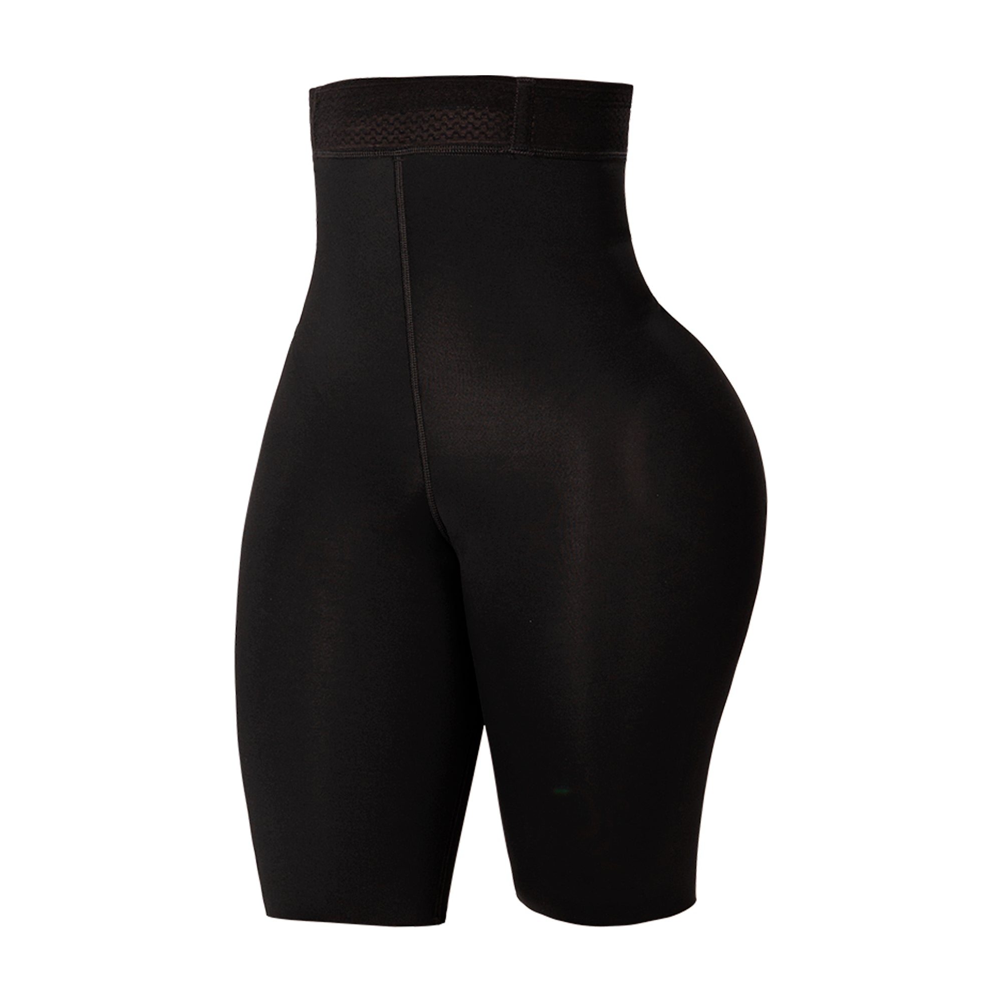 Fajas MyD SXA0 black high-waist shaper shorts back view, Colombian shapewear with firm compression for daily body shaping