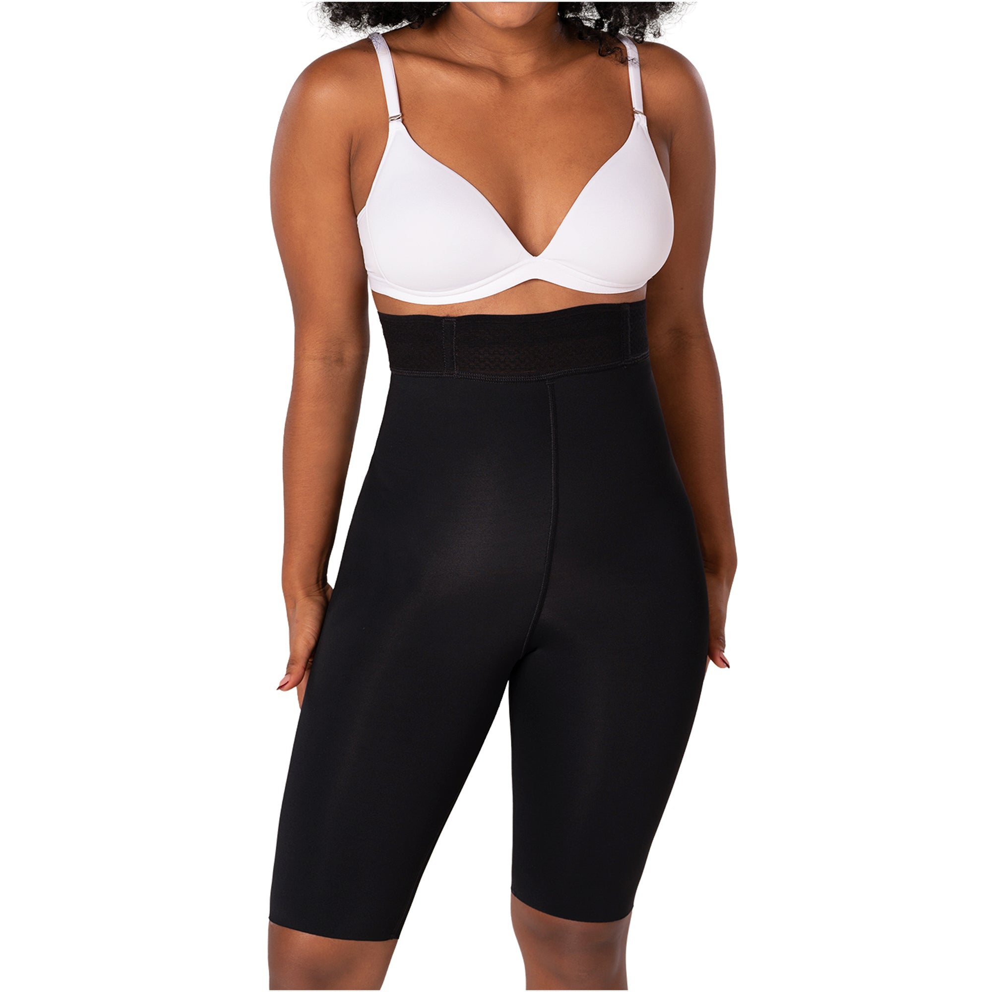 Fajas MyD SXA0 black high-waist shaper shorts front view, Colombian shapewear with wide waistband body shaper for women