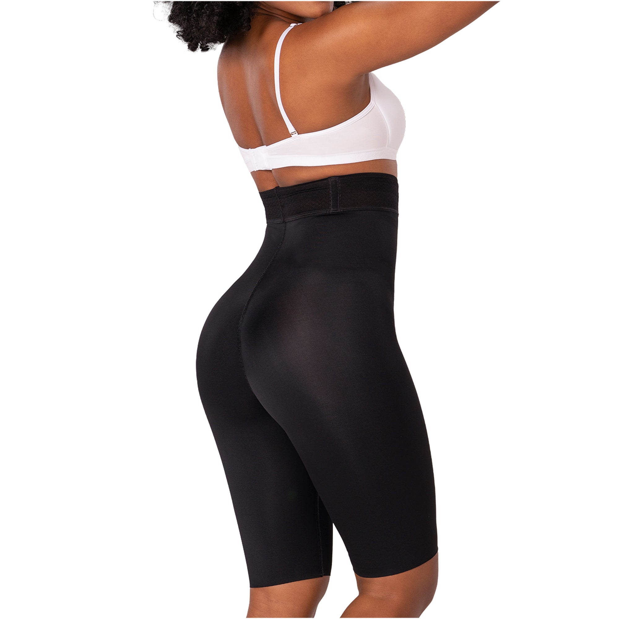 Fajas MyD SXA0 black high-waist shaper shorts side view, Colombian shapewear body shaper for daily slimming women