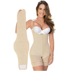 Fajas MyD MYD0100 beige Colombian shapewear bodysuit with lace trim and abdominal board, post-surgery compression faja front 