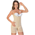 Fajas MyD 9104 beige open-bust bodysuit with lace trim, Colombian shapewear hook closure body shaper front view