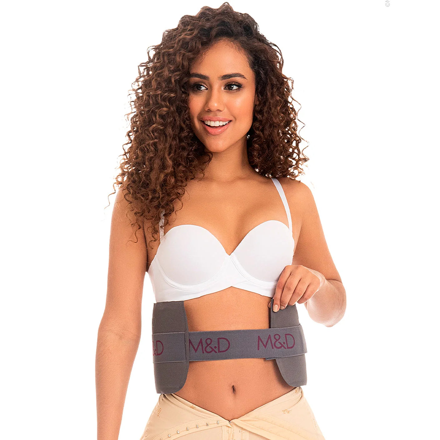 Fajas MyD MYD107 gray abdominal binder compression band, Colombian post-surgery faja accessory front lifestyle view