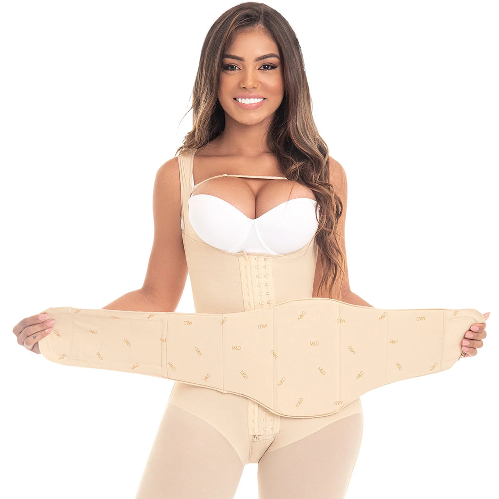 Fajas MyD MYD0100 beige full-body Colombian shapewear with waist cincher band, post-surgery faja front view