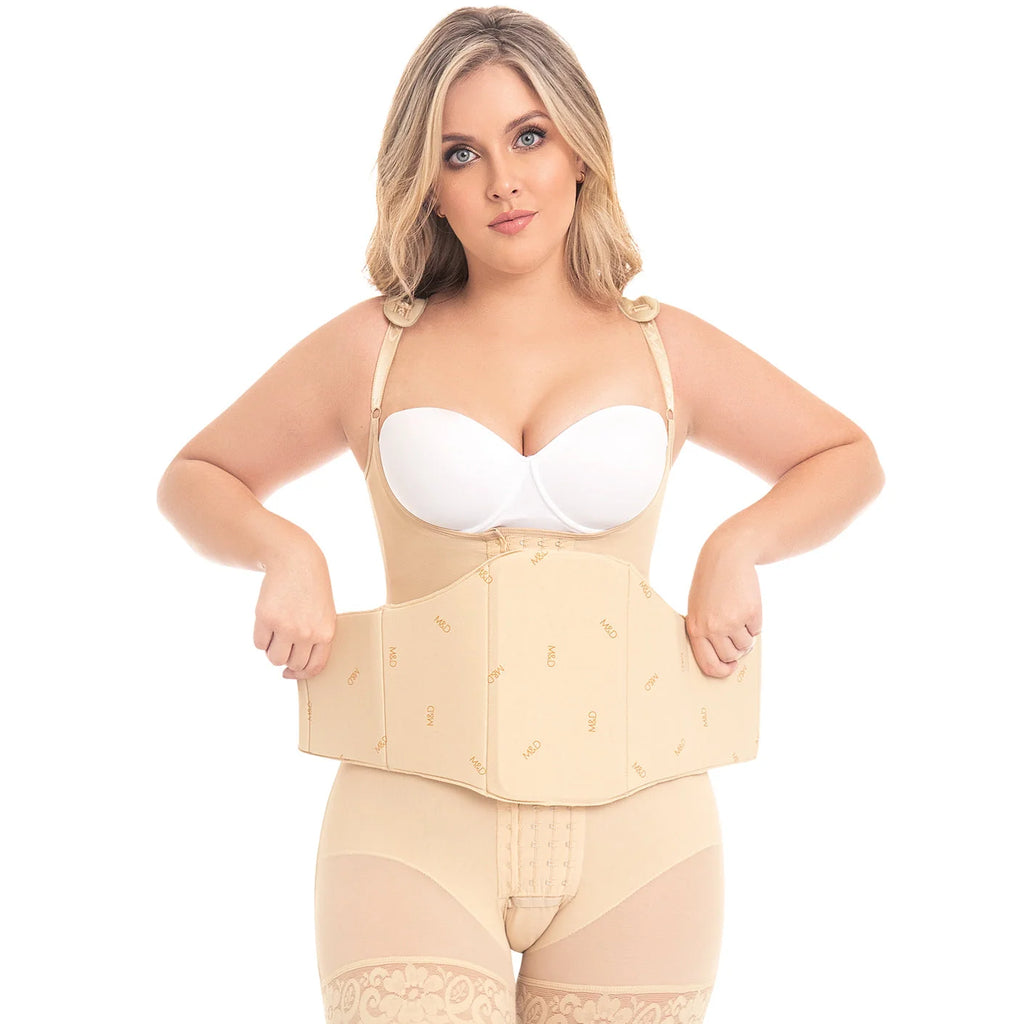 Fajas MyD MYD0100 beige waist cincher belt over full body shaper, Colombian shapewear compression garment plus size front vie