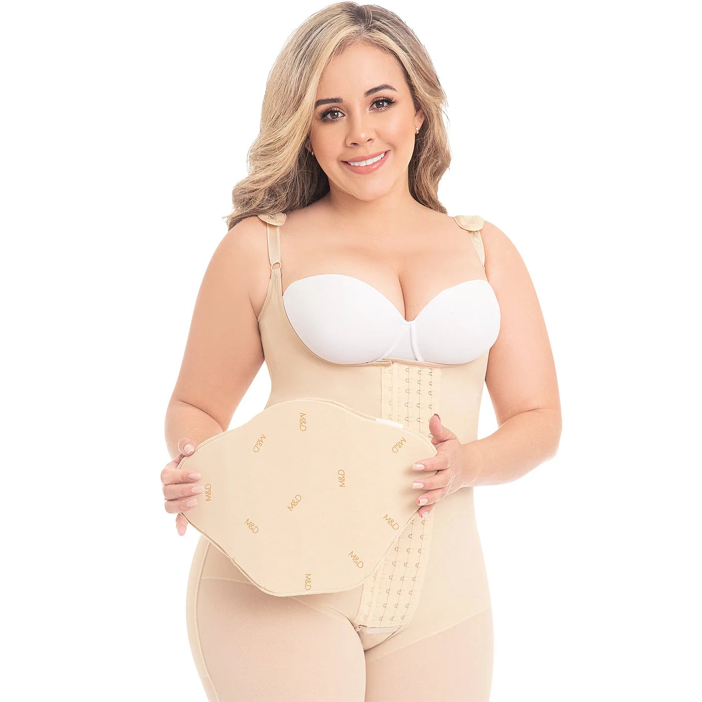 Fajas MyD MYD9104 beige postpartum faja colombiana with removable abdominal board, Colombian shapewear bodysuit front lifesty