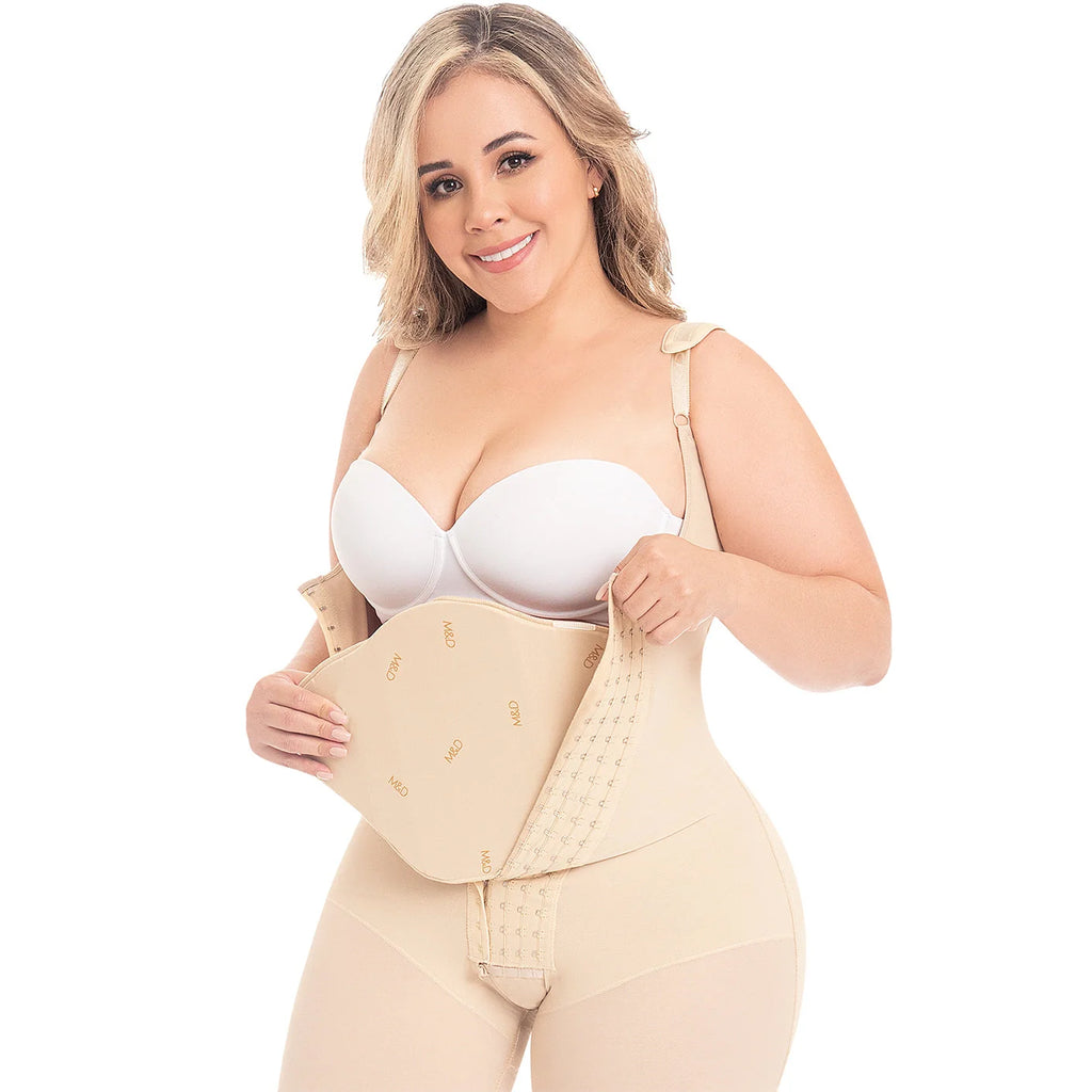 Fajas MyD 9104 beige waist cincher with hook closures and straps, Colombian shapewear post-surgery faja lifestyle view