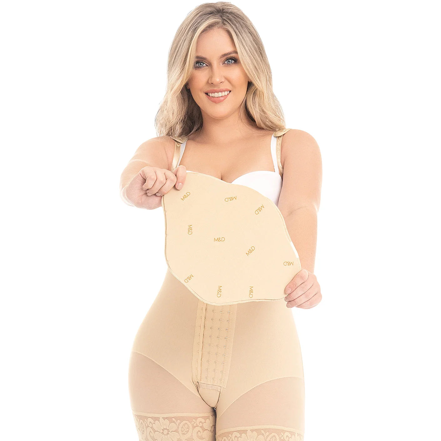 Fajas MyD 9104 beige abdominal board with M&D logo, Colombian shapewear post-surgery compression accessory front view