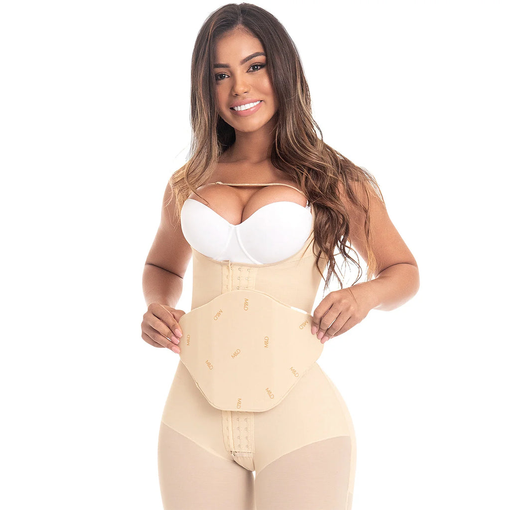 Fajas MyD 9104 beige post-surgery Colombian faja with abdominal board and hook closure, body shaper front view