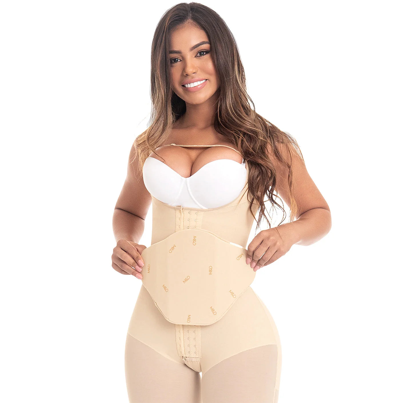 Fajas MyD 9104 beige post-surgery Colombian faja with abdominal board and hook closure, body shaper front view