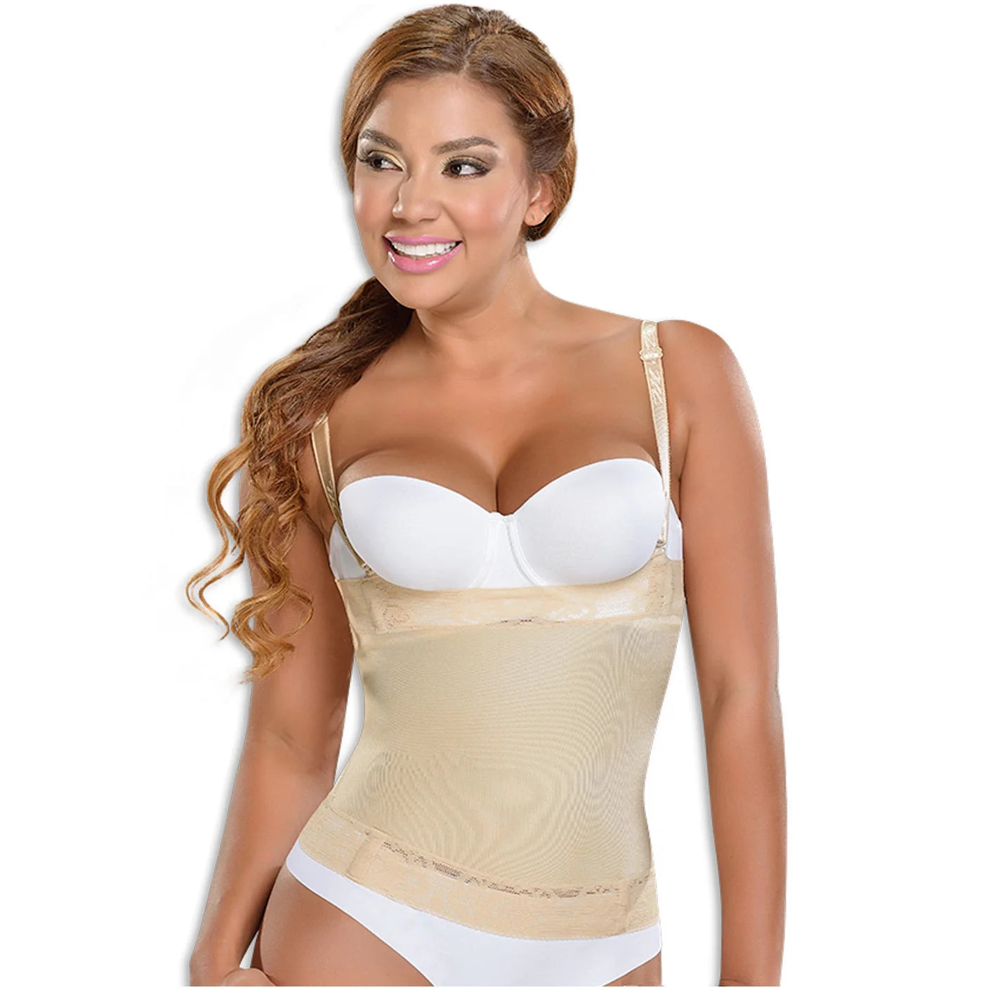 Fajas MyD MYD0036 nude open-bust compression faja colombiana with adjustable straps, post-surgery body shaper front view