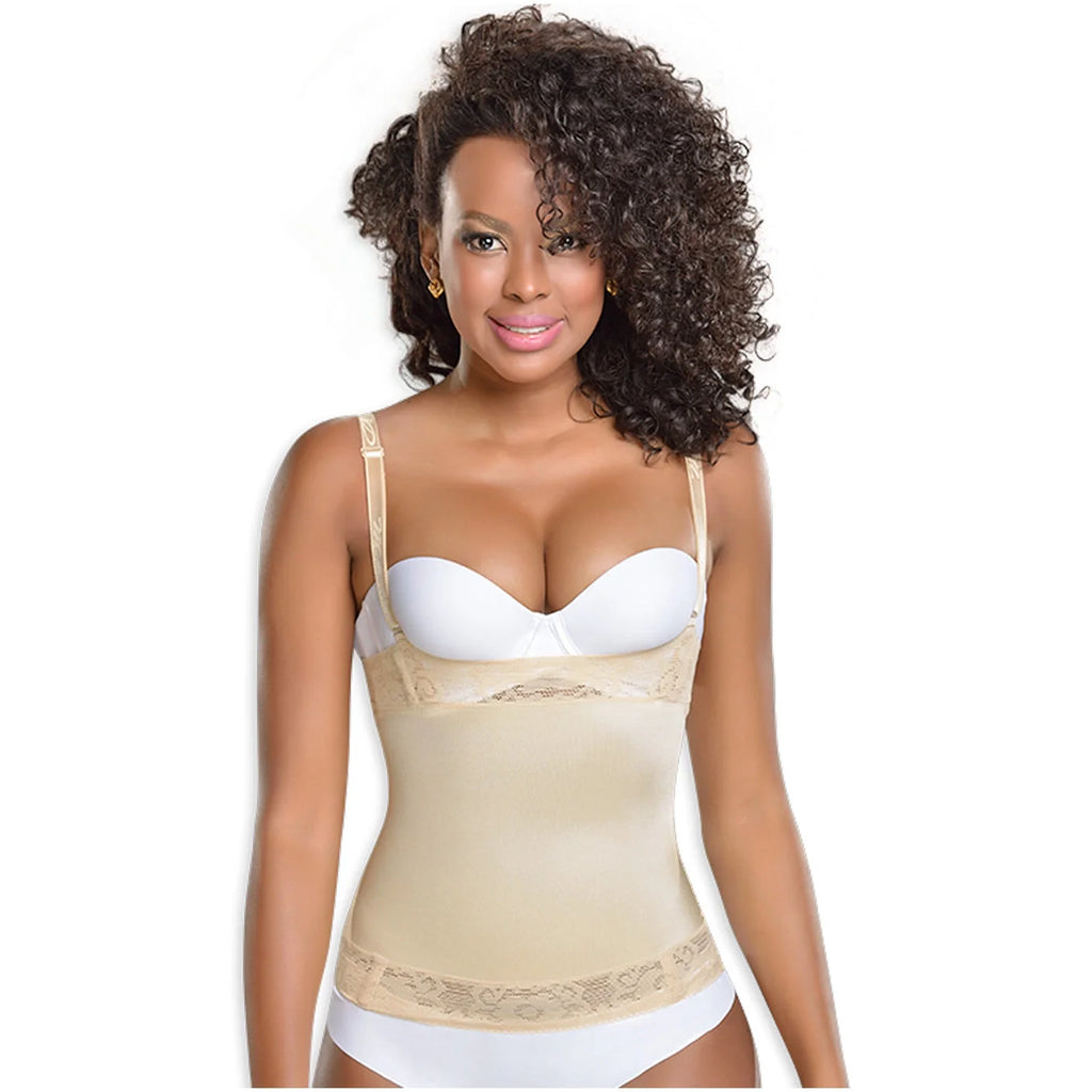 Fajas MyD MYD0036 nude beige waist cincher with lace trim and adjustable straps, Colombian post-surgery compression shapewear