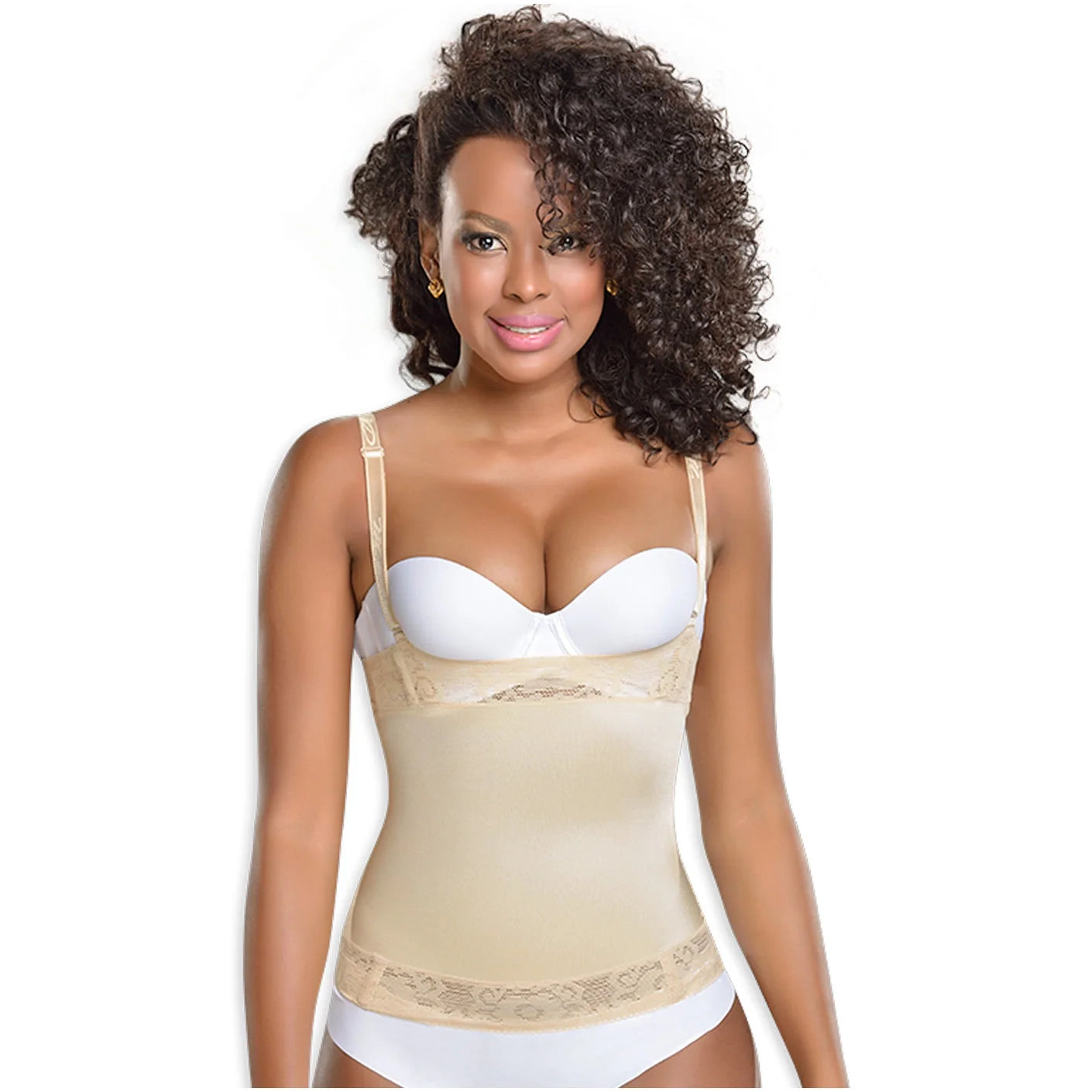 Fajas MyD MYD0036 nude beige waist cincher with lace trim and adjustable straps, Colombian post-surgery compression shapewear