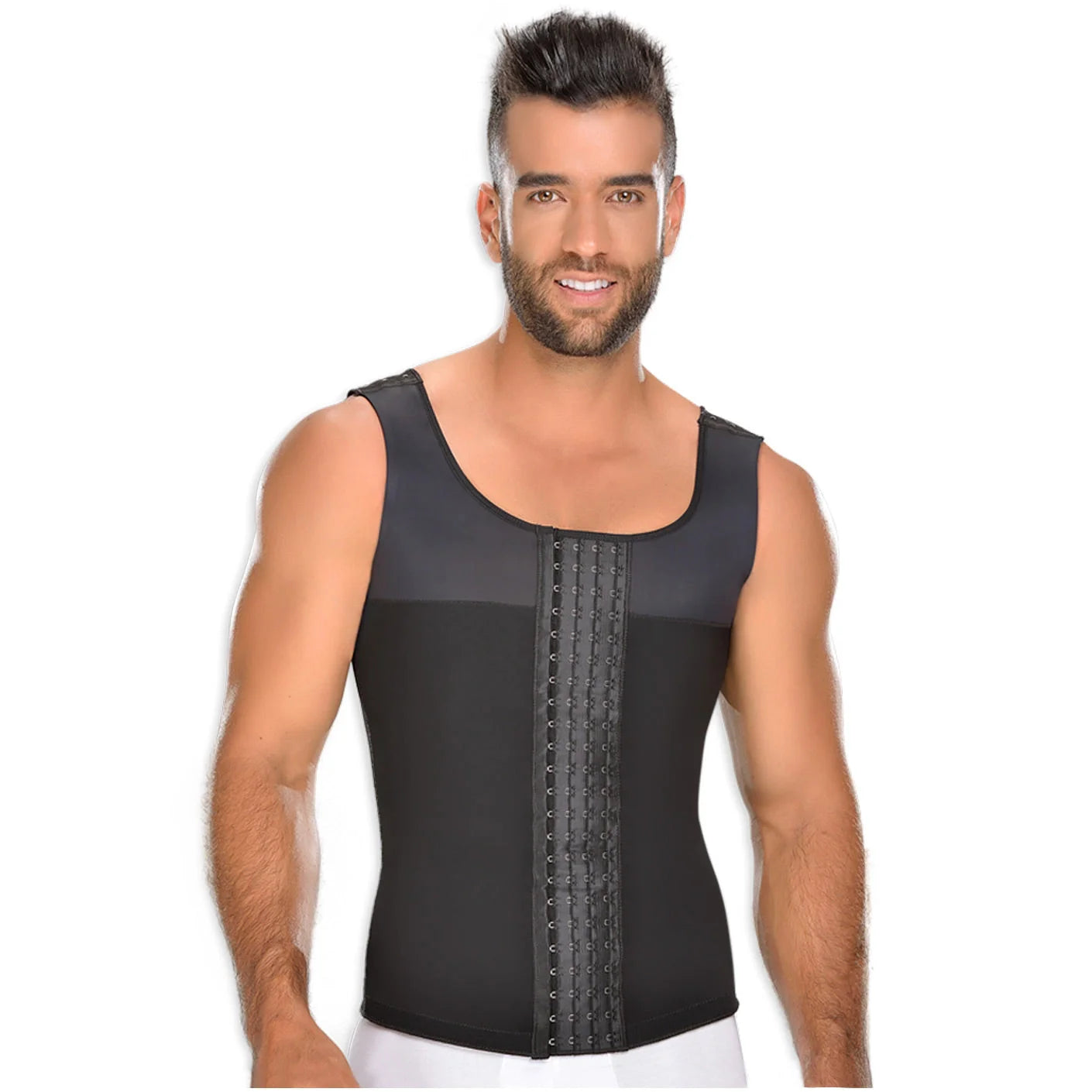 Fajas MyD MYD0060 black men's compression vest with hook closure, Colombian post-surgery body shaper front view