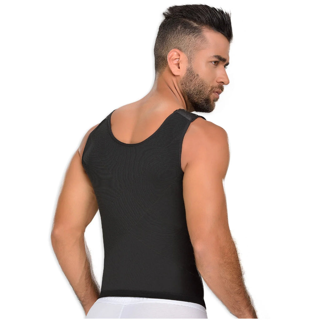 Fajas MyD MYD0060 black sleeveless compression body shaper back view, Colombian post-surgery faja for men