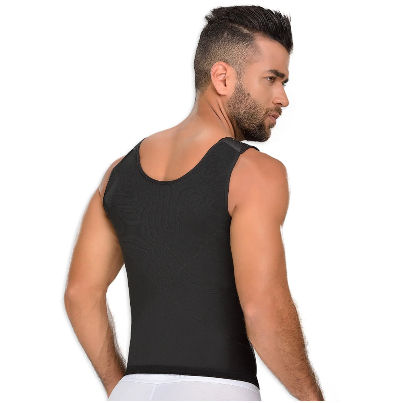 Fajas MyD MYD0060 black sleeveless compression body shaper back view, Colombian post-surgery faja for men