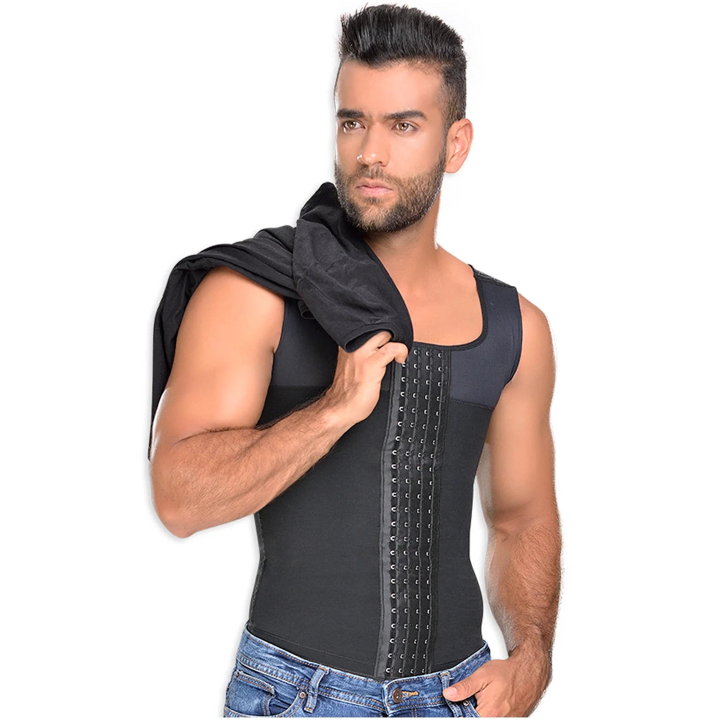 Fajas MyD MYD0060 black men's compression vest with hook closure, Colombian post-surgery body shaper lifestyle view