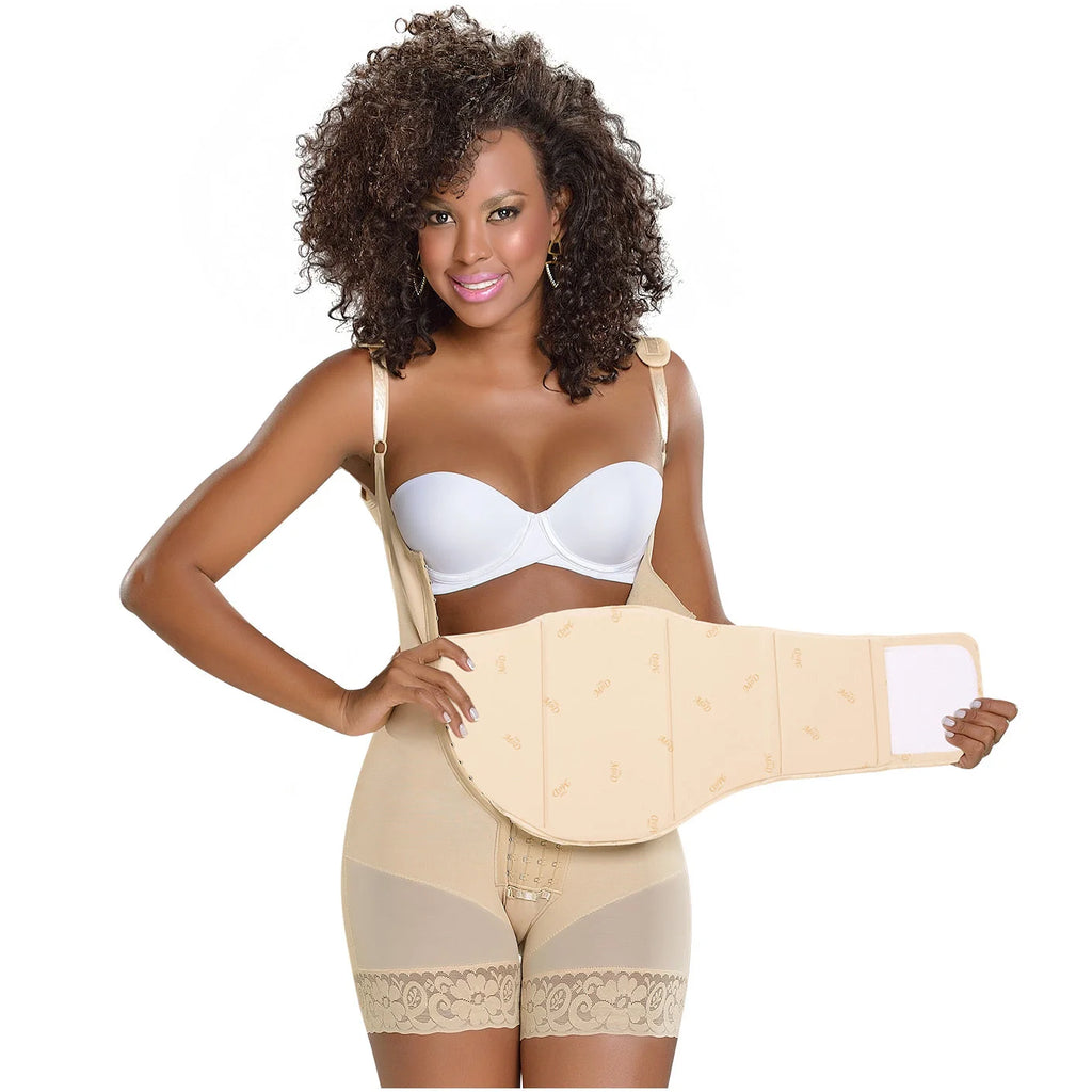 Fajas MyD MYD0101 beige post-surgery Colombian faja with abdominal board and lace shorts, front lifestyle view
