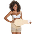 Fajas MyD MYD0101 beige post-surgery Colombian faja with abdominal board and lace shorts, front lifestyle view