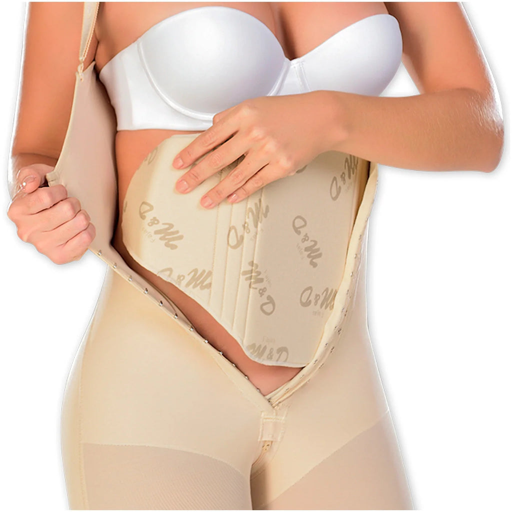 Fajas MyD MYD9102 beige abdominal board Colombian post-surgery faja with hook closure compression garment front view