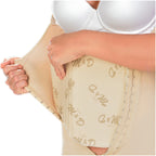 Fajas MyD 9102 beige Colombian shapewear waist cincher with hook closure panel detail, post-surgery faja colombiana front vie