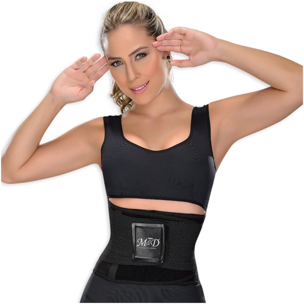 Fajas MyD MYD0152 black waist cincher belt with hook closure, Colombian post-surgery compression garment front lifestyle view