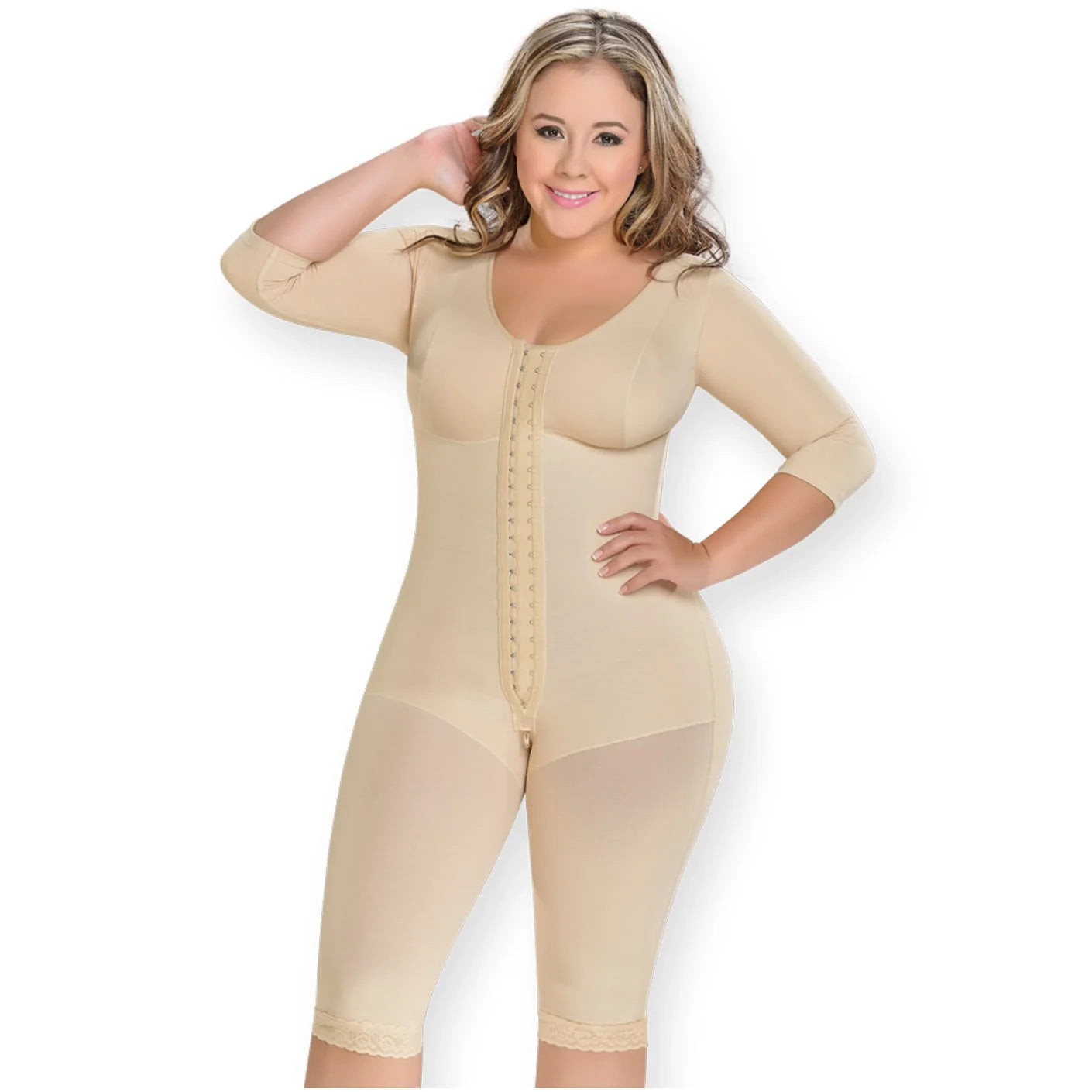 Fajas MyD 0161 beige full-body post-surgery faja with sleeves and hook closure, Colombian shapewear compression garment front