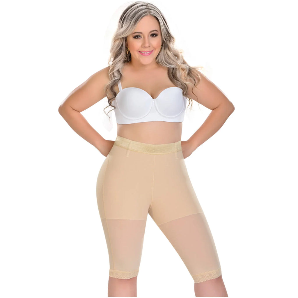 Fajas MyD MYD0323 beige high-waist bike short Colombian shapewear with lace trim, post-surgery faja front view