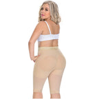 Fajas MyD MYD0323 beige butt-lifting compression shorts back view, Colombian post-surgery faja with padded panels for women