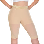 Fajas MyD MYD0323 nude knee-length post-surgery faja with lace trim, Colombian shapewear 360 compression garment back view