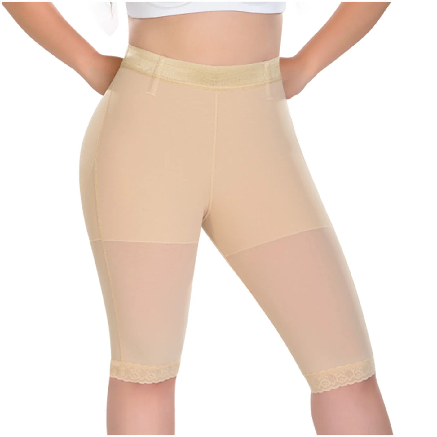 Fajas MyD MYD0323 nude knee-length post-surgery faja with lace trim, Colombian shapewear 360 compression garment back view